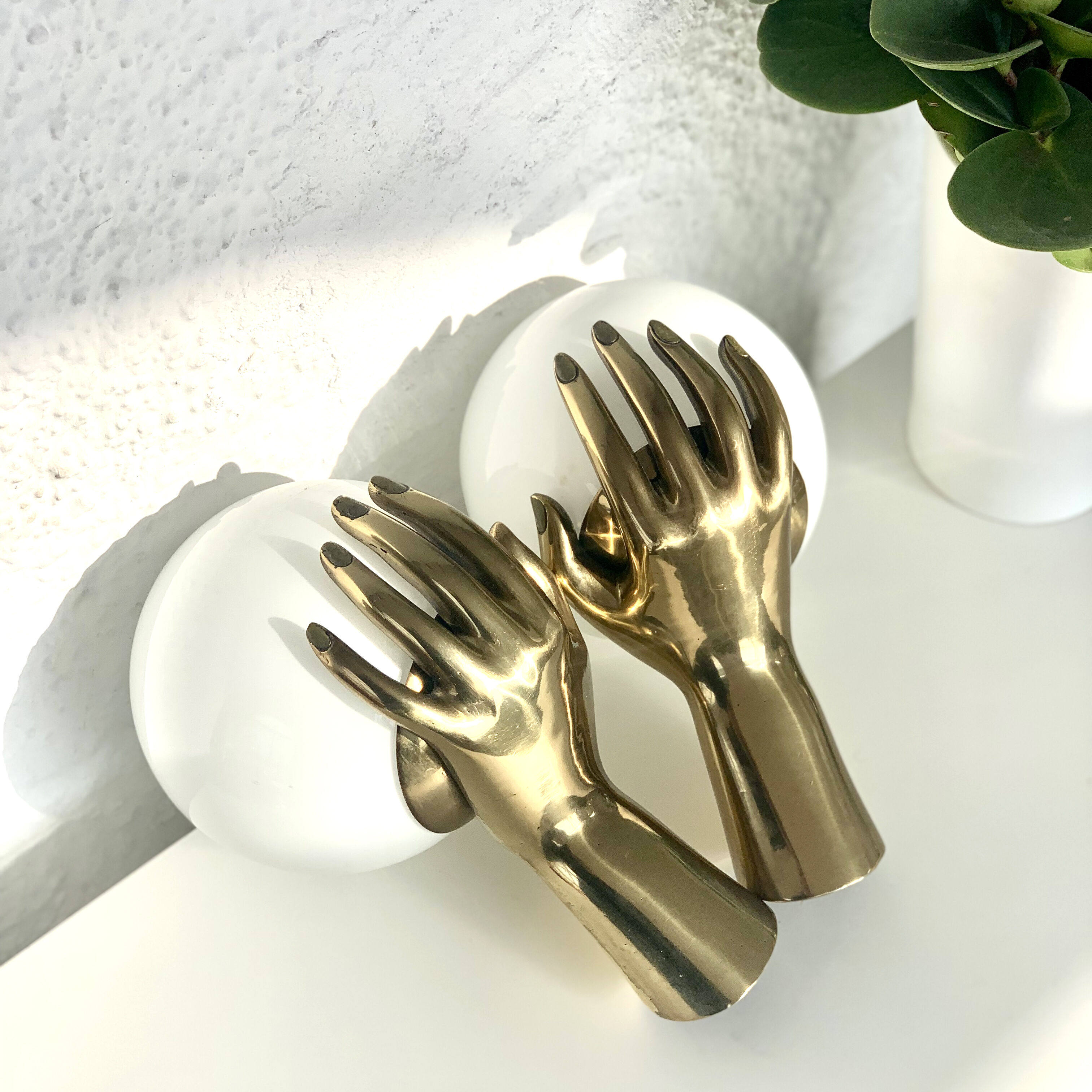 Pair of brass "hands" wall lamps, Arlus 1960