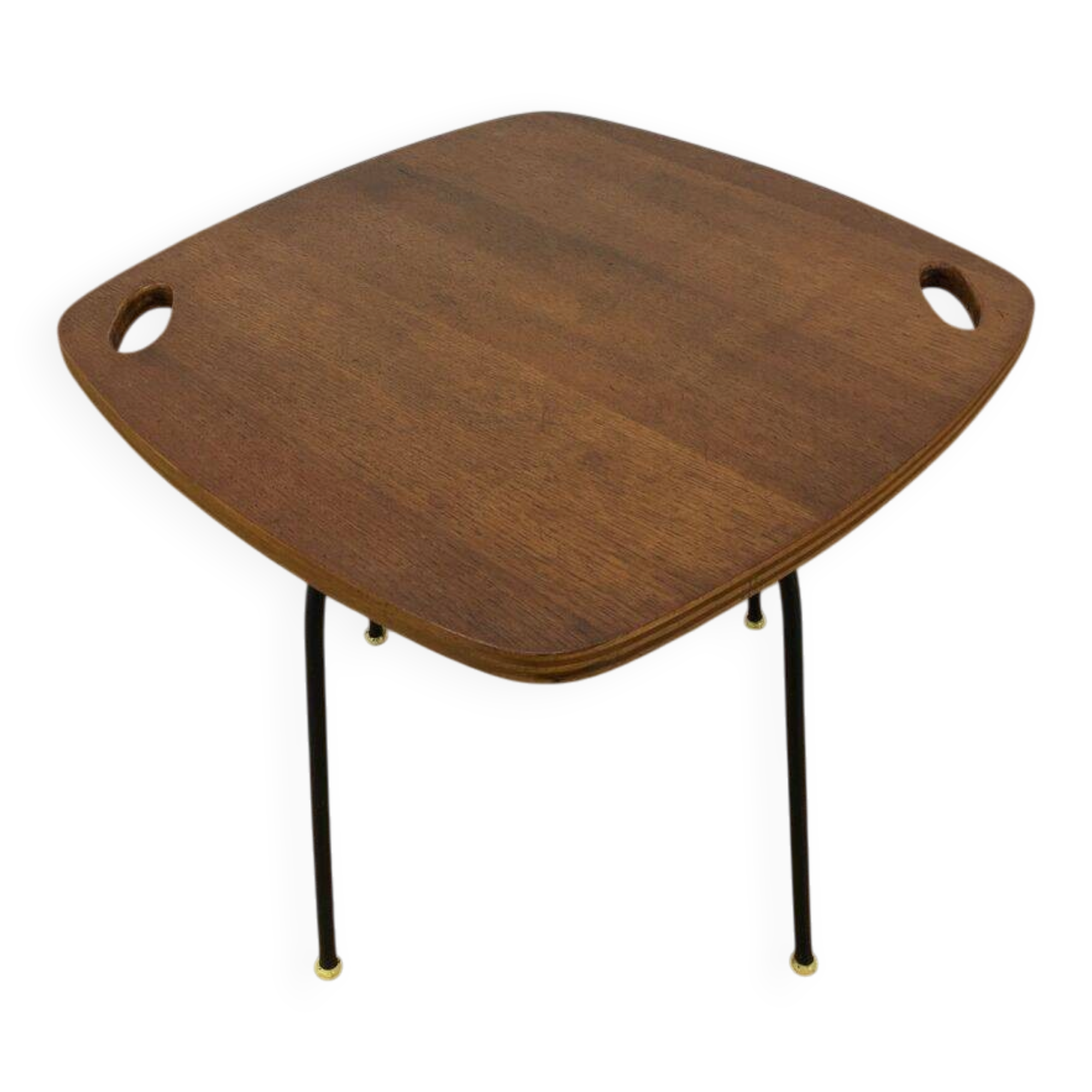 Modernist side table, 1950s, wood and metal, with handles.