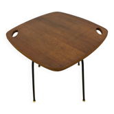 Modernist side table, 1950s, wood and metal, with handles.