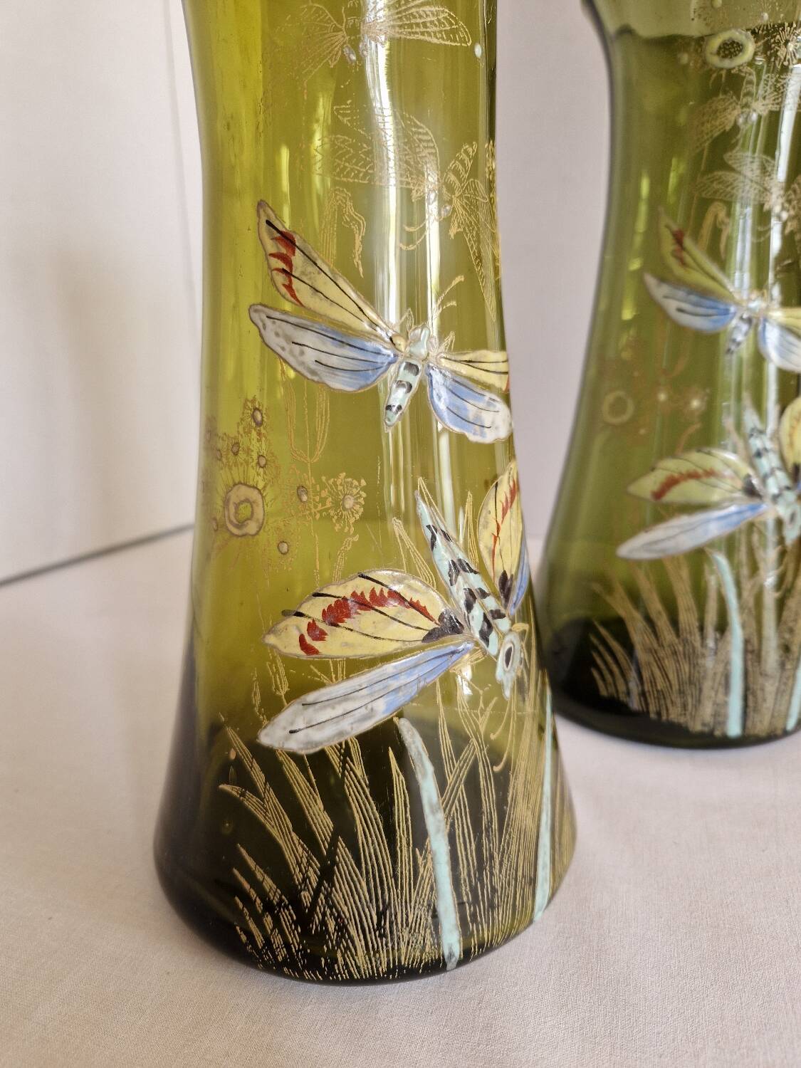 Pair of Enameled Glass Vases with Dragonflies. Unsigned Legras