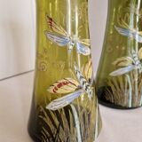 Pair of Enameled Glass Vases with Dragonflies. Unsigned Legras
