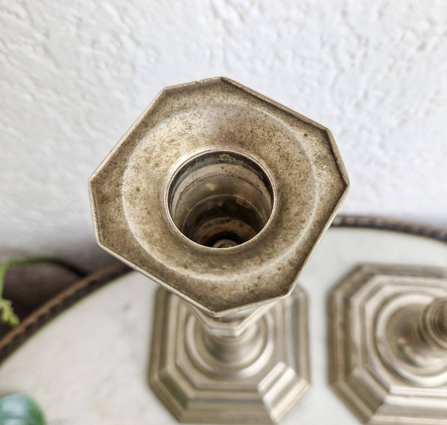 Pair of neo classical style candle holders in silver metal