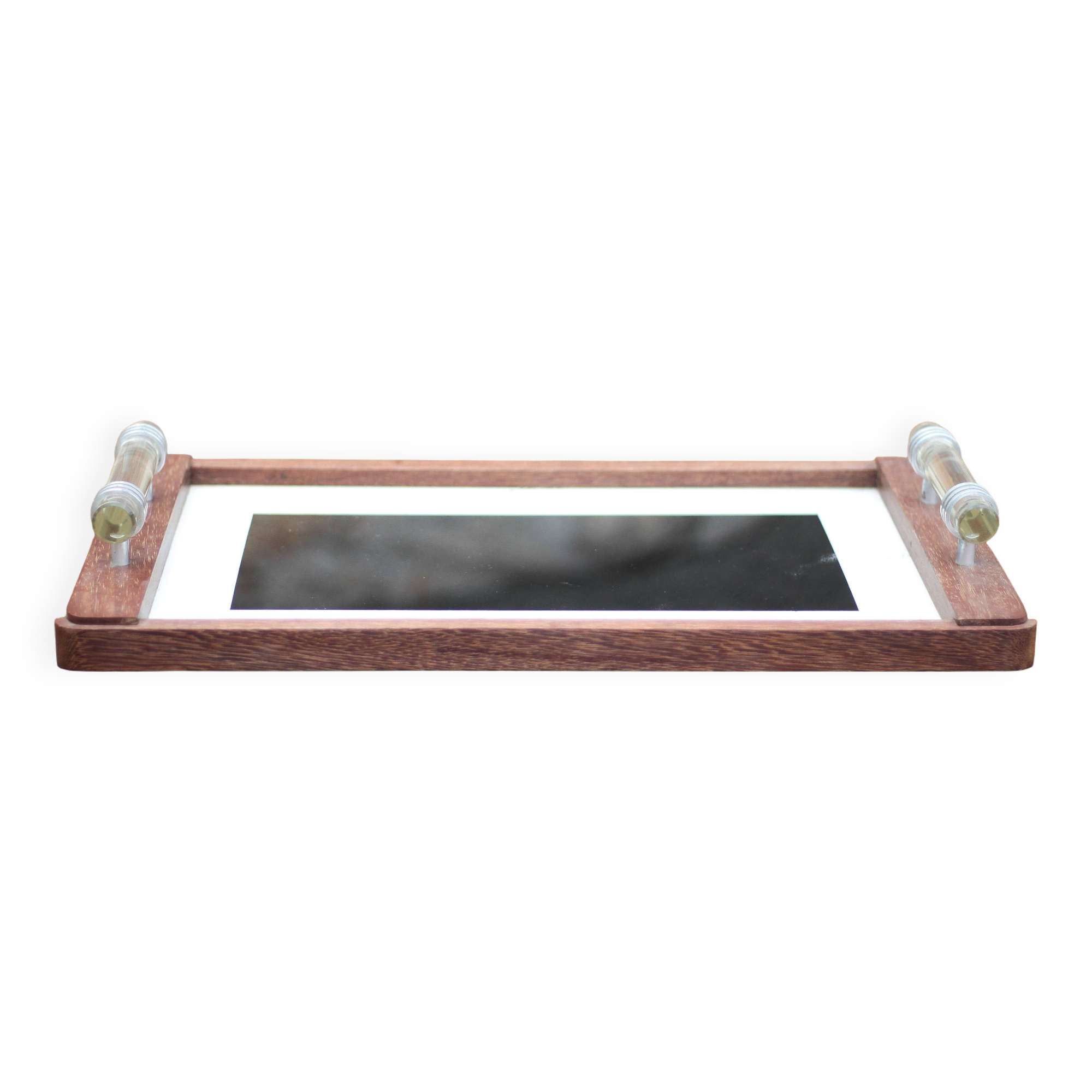 Art deco wooden tray, wooden tray with glass handles, breakfast tray