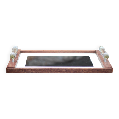 Plateau bois art déco, plateau bois avec poignées en verre,plateau déjeuner
