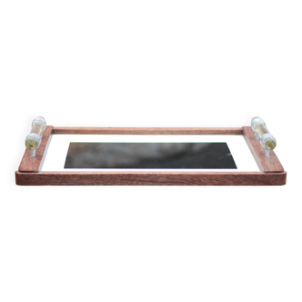 Art deco wooden tray, wooden tray with glass handles, breakfast tray