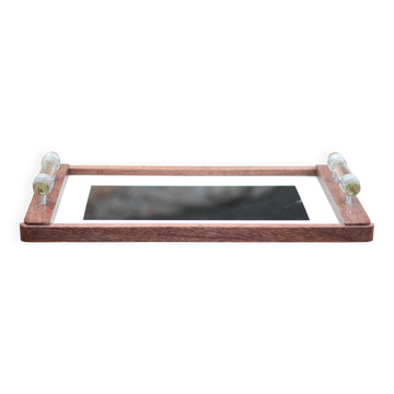 Art deco wooden tray, wooden tray with glass handles, breakfast tray