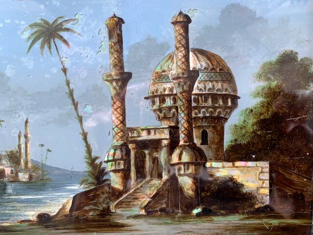 19th century painting, painting under glass and mother-of-pearl, oriental scene, signed GA