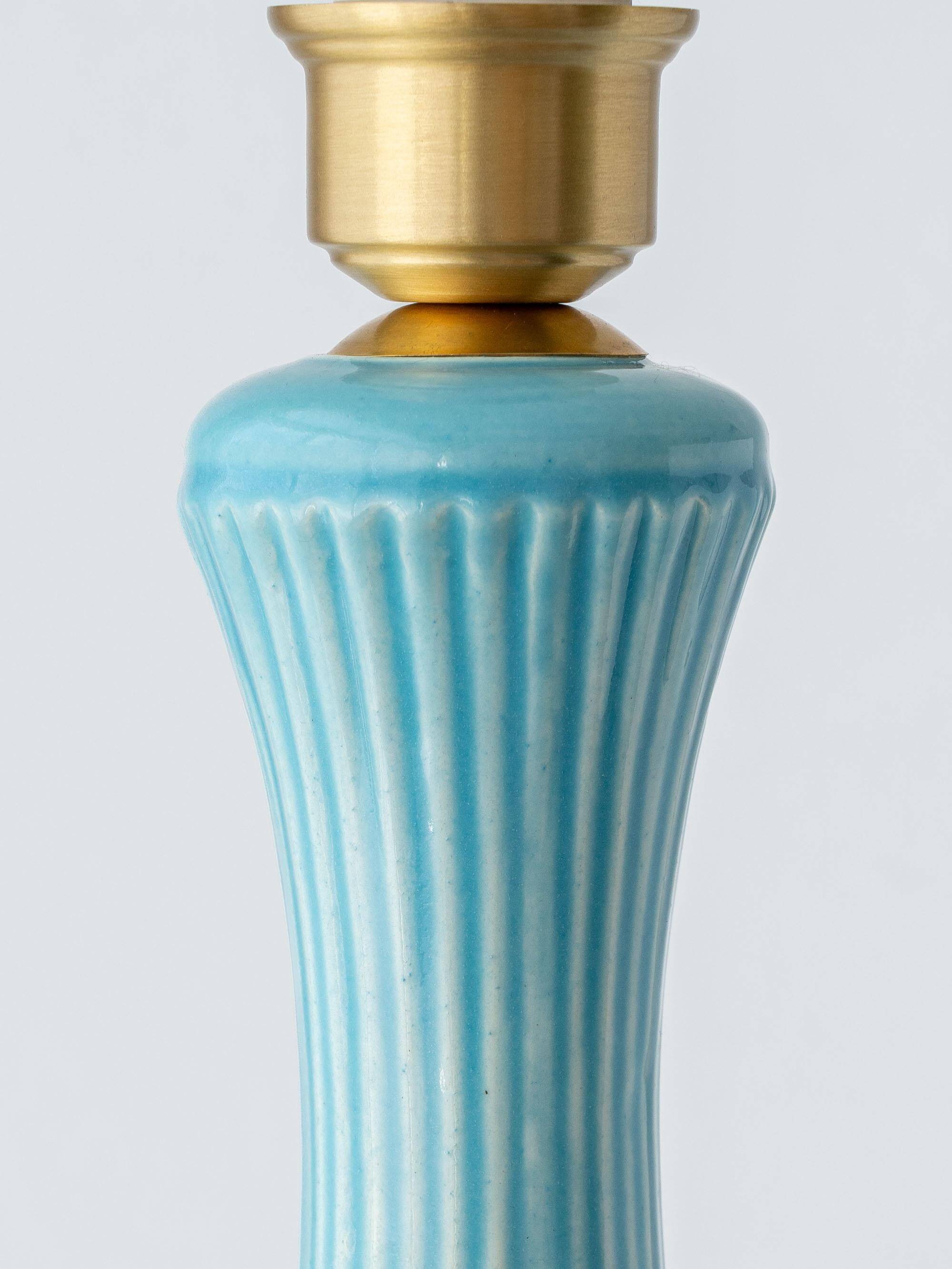 XXL Spanish sculptural table lamp in turquoise ceramic, 1960s, new Liberty lampshade.