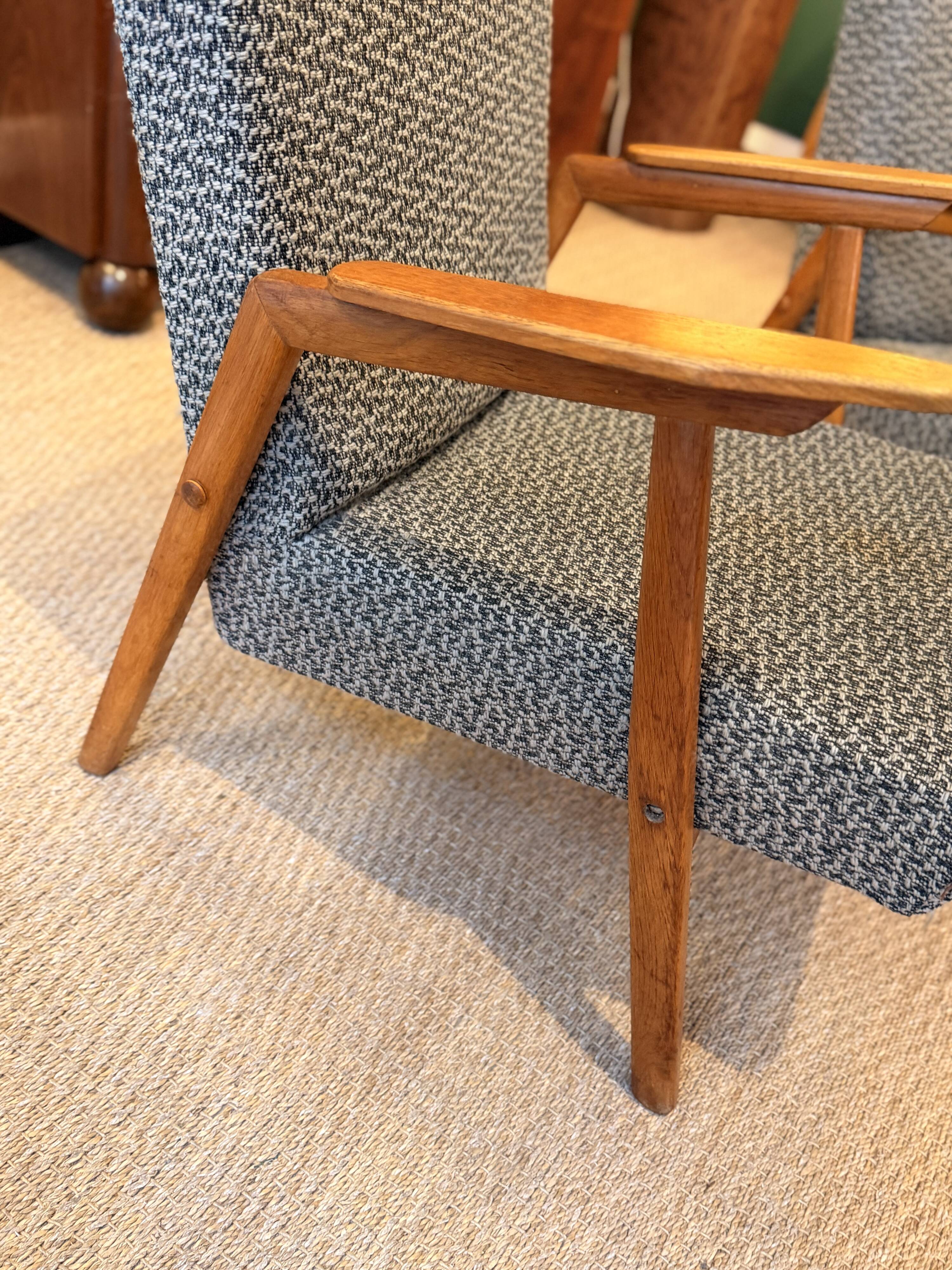 Pair of vintage oak armchairs, original fabric and seat.