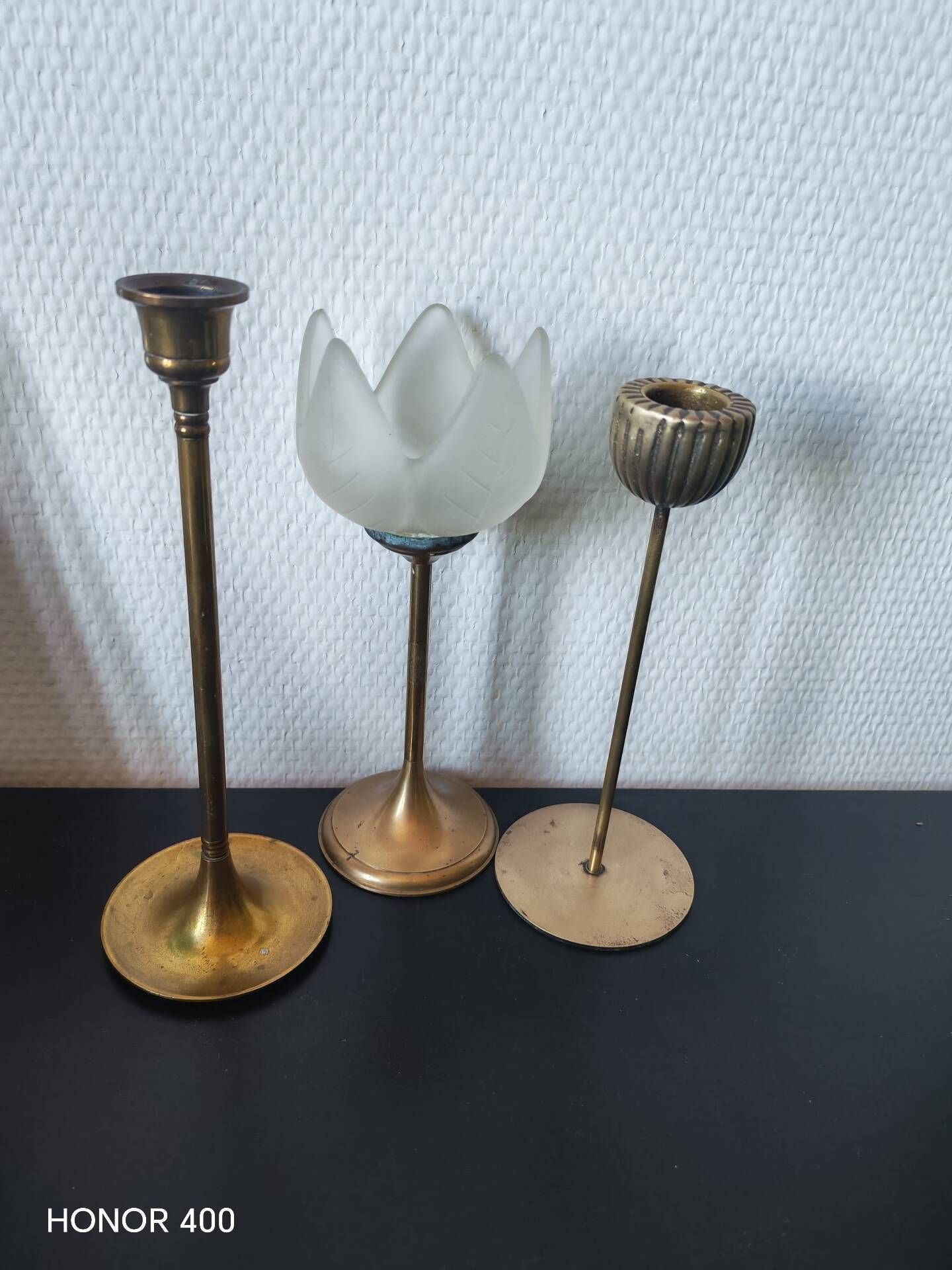 Vintage brass candlestick trio
