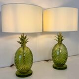 Paire de lampes en verre de Murano en forme d'ananas Art Déco italien avec abat-jours.