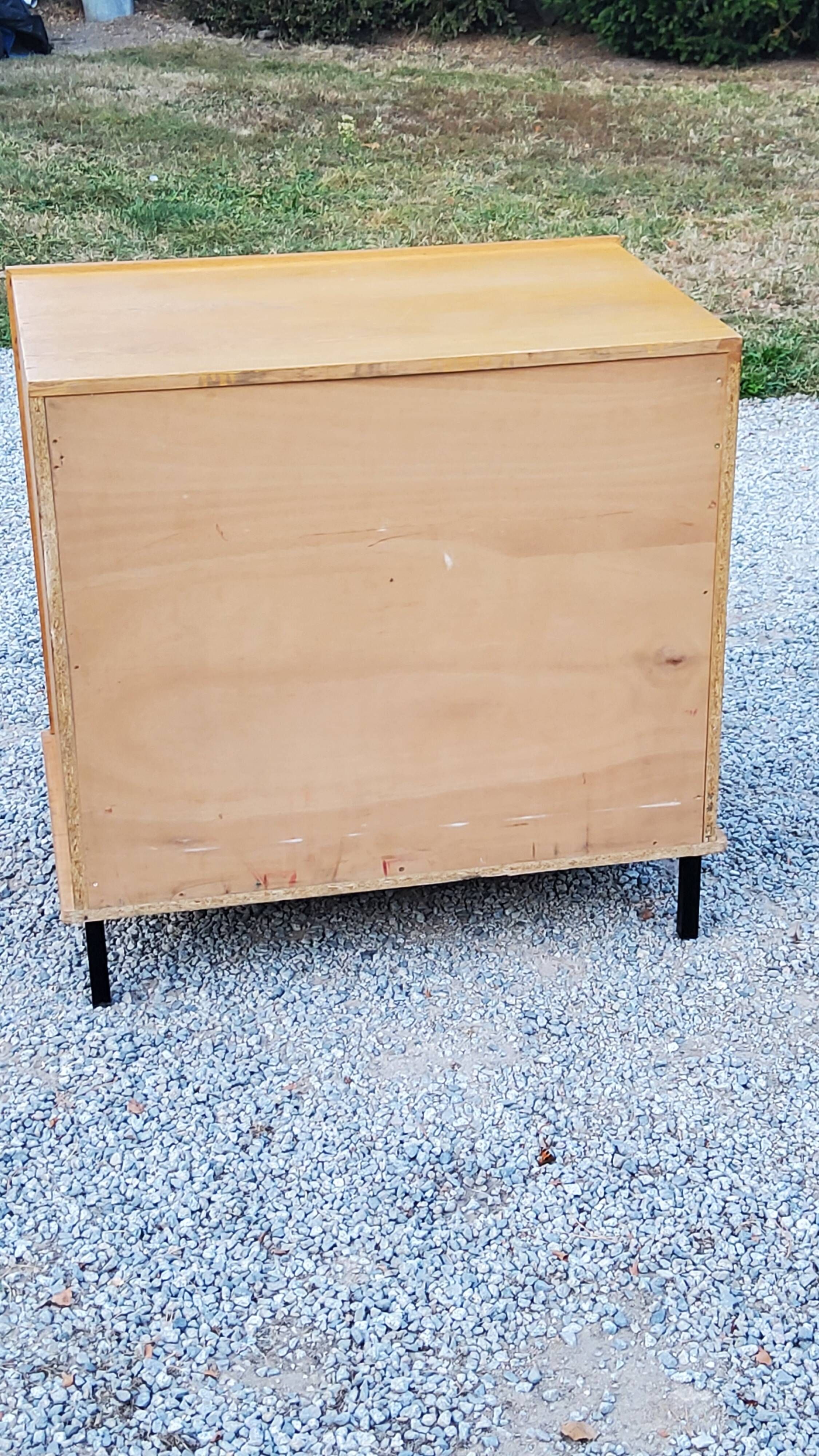 Vintage store chest of drawers in blond oak metal tube legs 4 drawers