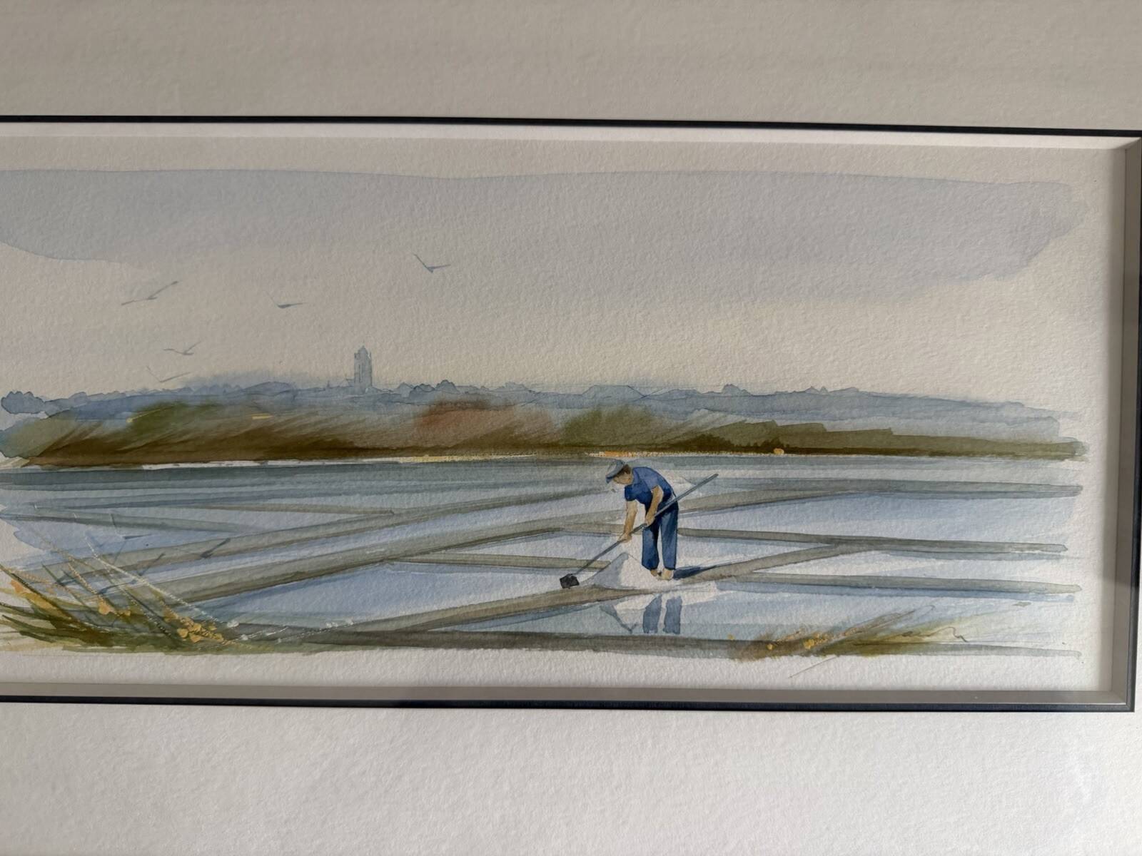 Watercolour by Christian Gaudin framed, certificate Guérande salt marshes.