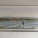 Watercolour by Christian Gaudin framed, certificate Guérande salt marshes.