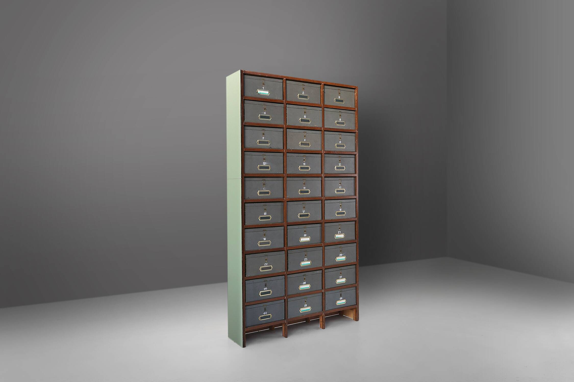 Industrial filing cabinet in wood with 30 original cardboard storage boxes, Belgium, 1920s