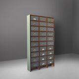 Industrial filing cabinet in wood with 30 original cardboard storage boxes, Belgium, 1920s