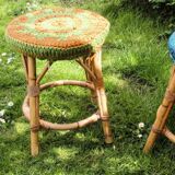 Set of 4 rattan stools and crochet covers