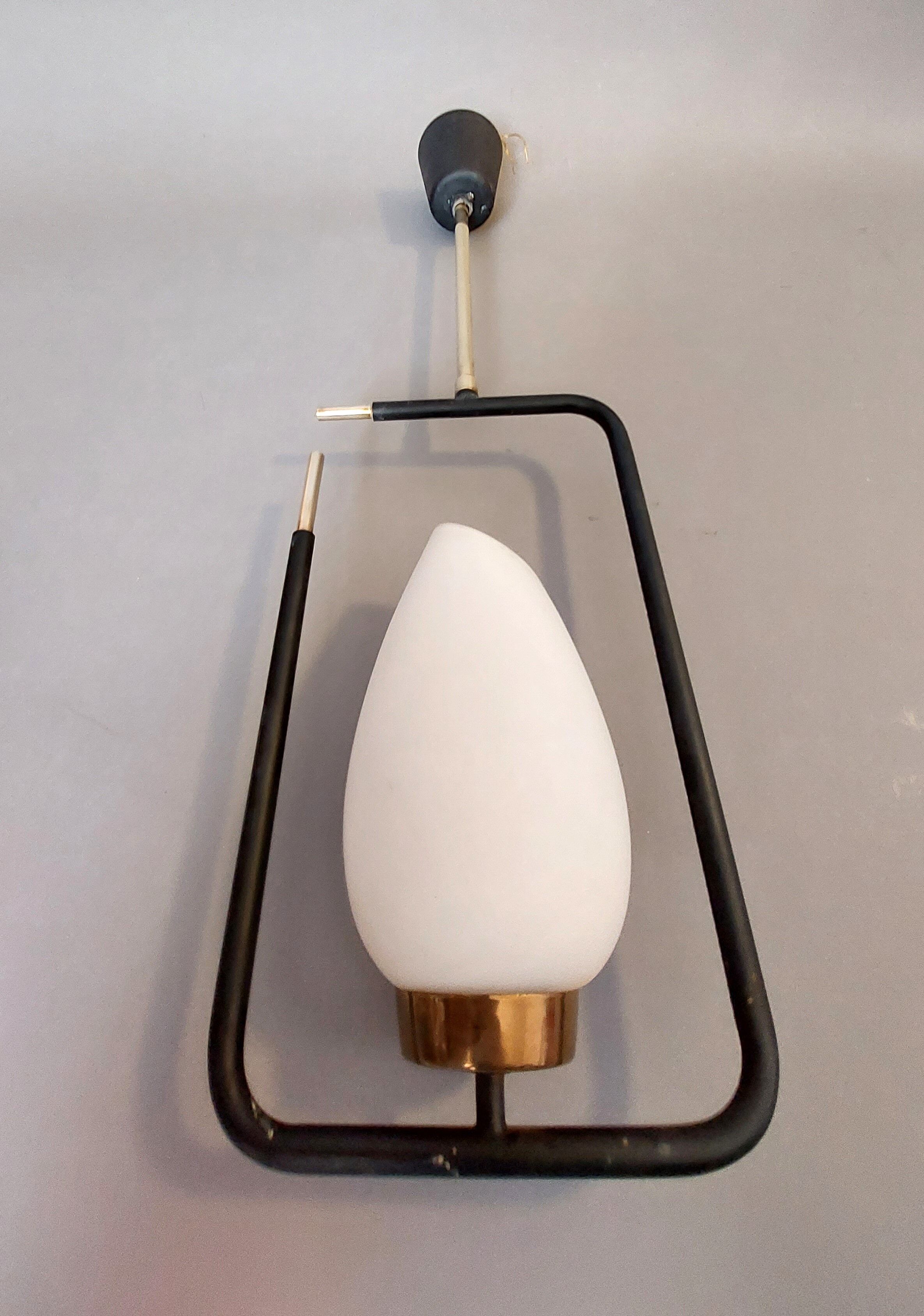 Maison Lunel pendant lamp in black metal, gilded brass and opaline 1960.