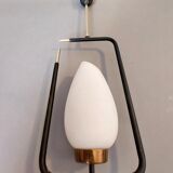 Maison Lunel pendant lamp in black metal, gilded brass and opaline 1960.