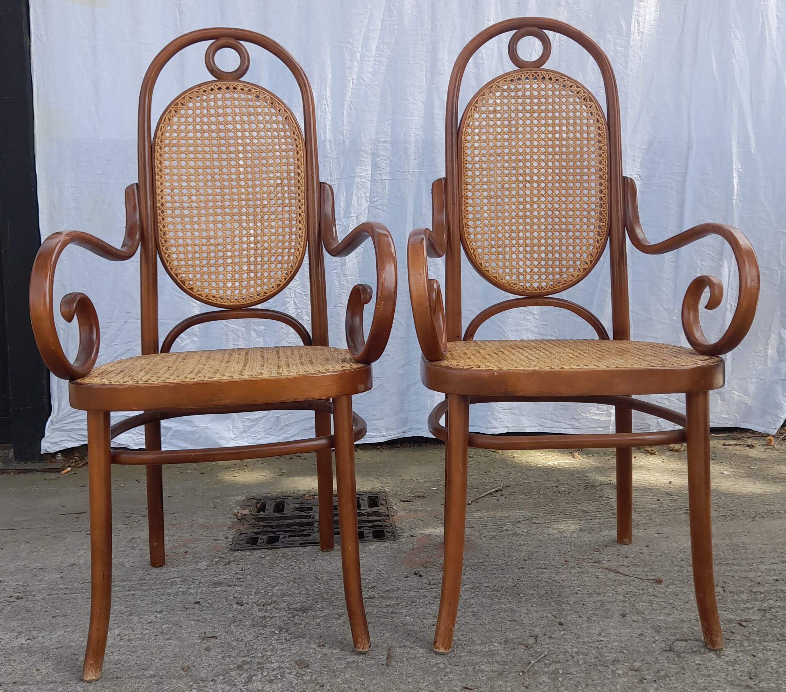 Pair of Thonet style armchairs canned and wood turned