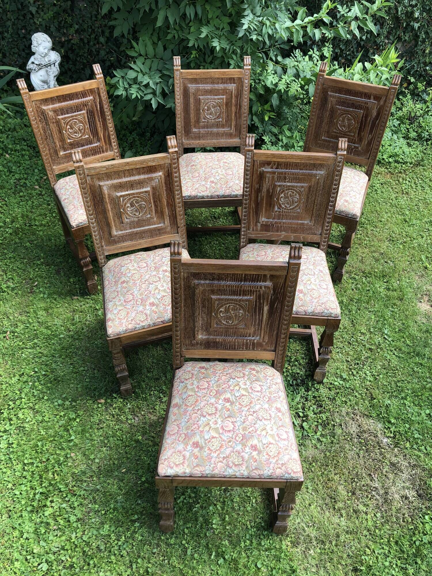 Series of 6 Chairs Neo Basque Wood Carved Cross Basque + Assise Fabric Vintage