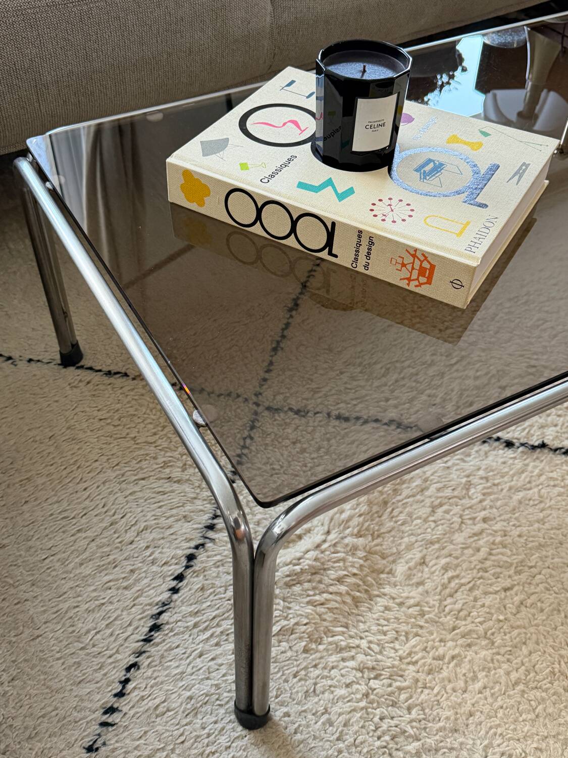 Ancienne table basse chrome et verre fumé vintage