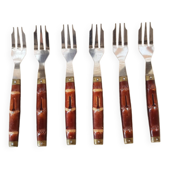 Set of 6 dessert forks with bamboo effect wood handles 1970