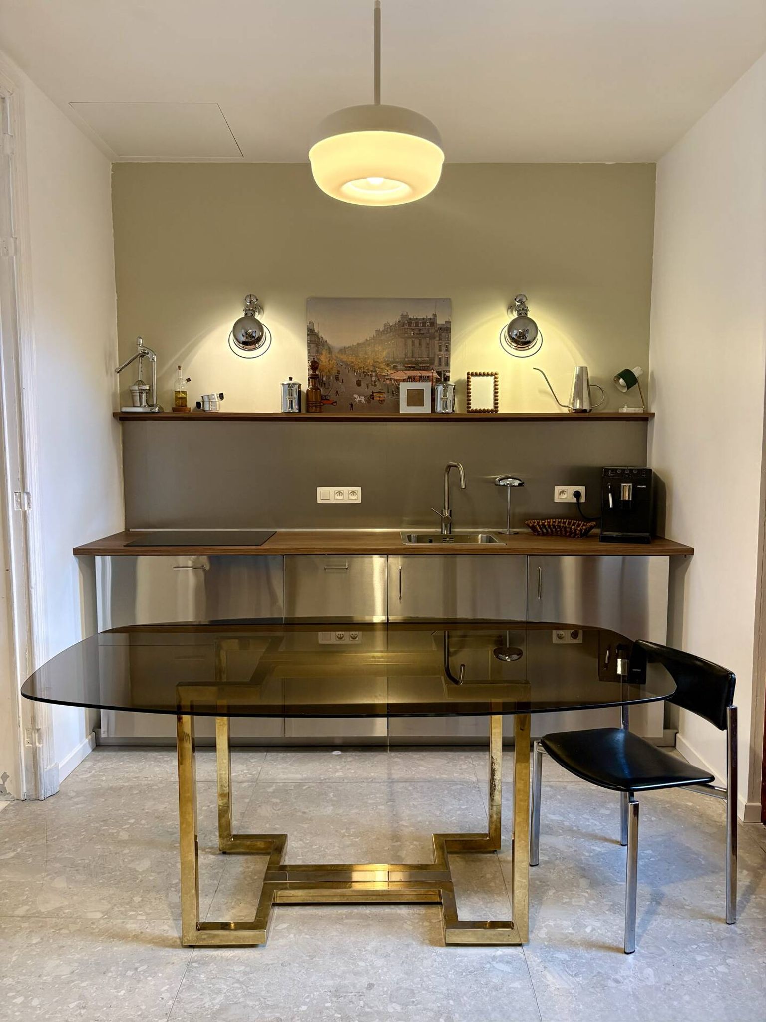 Table à manger Belgo chrome années 70 verre fumé