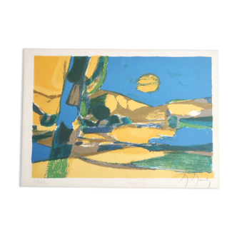 Lithographie signée de marcel mouly, paysage, années 50