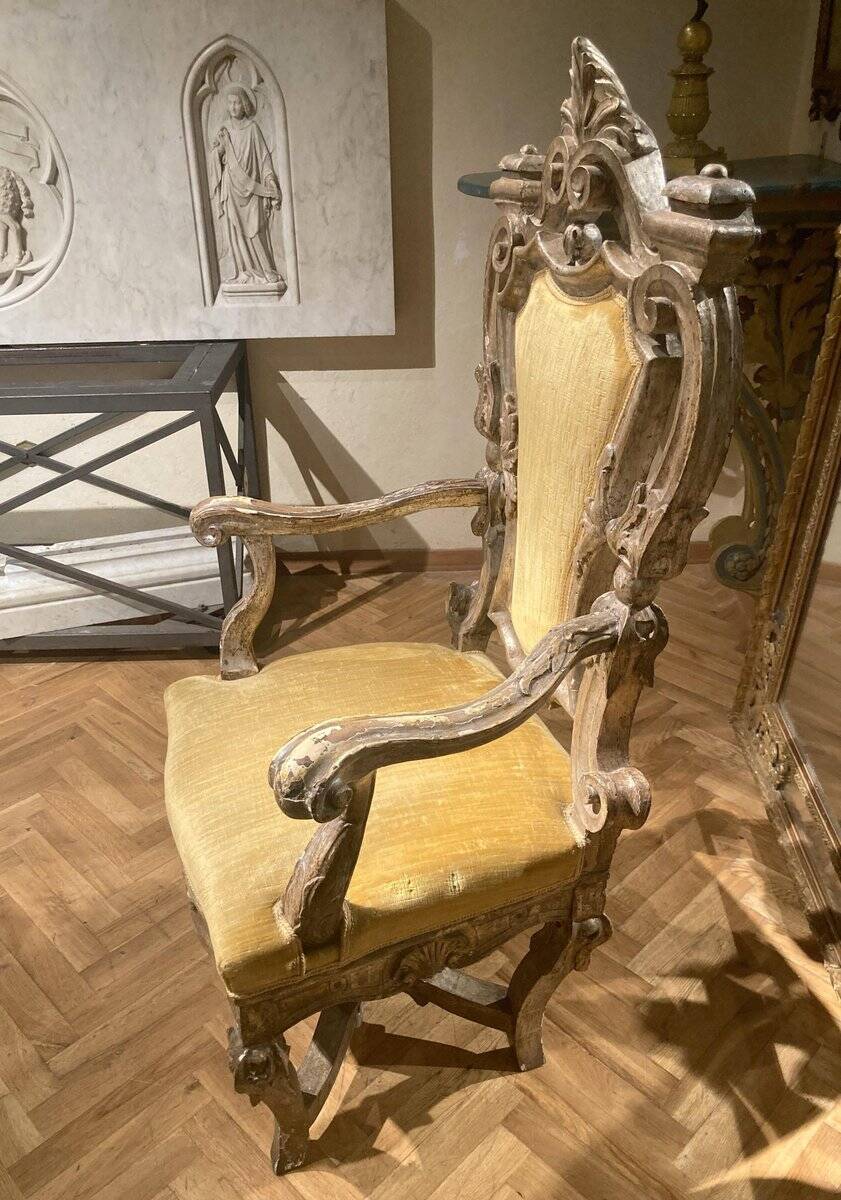 Italian Rococo Silver Mecca Giltwood Throne Armchair, Rome, 18th Century