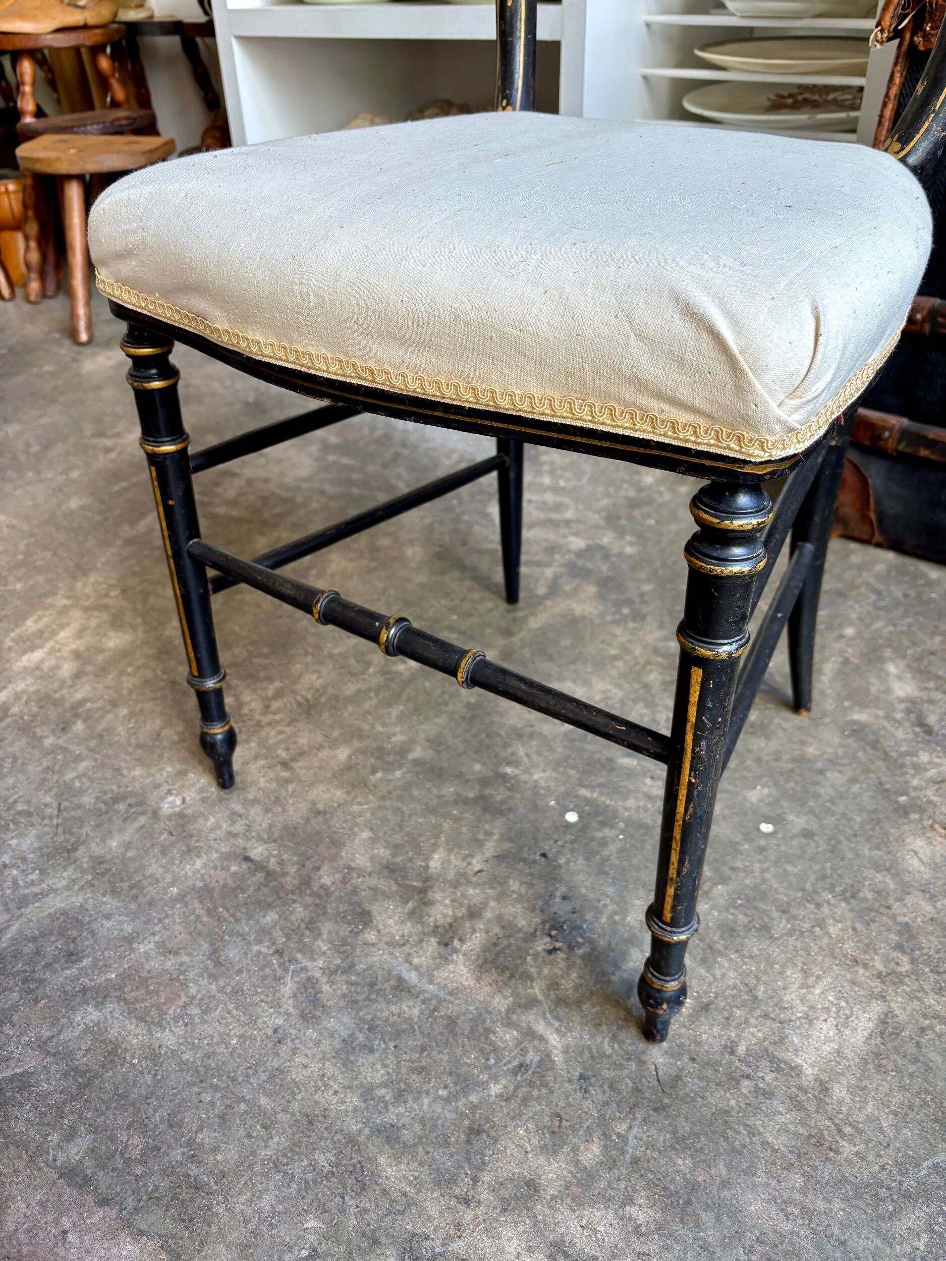 Napoleon III chair in blackened wood and beige fabric