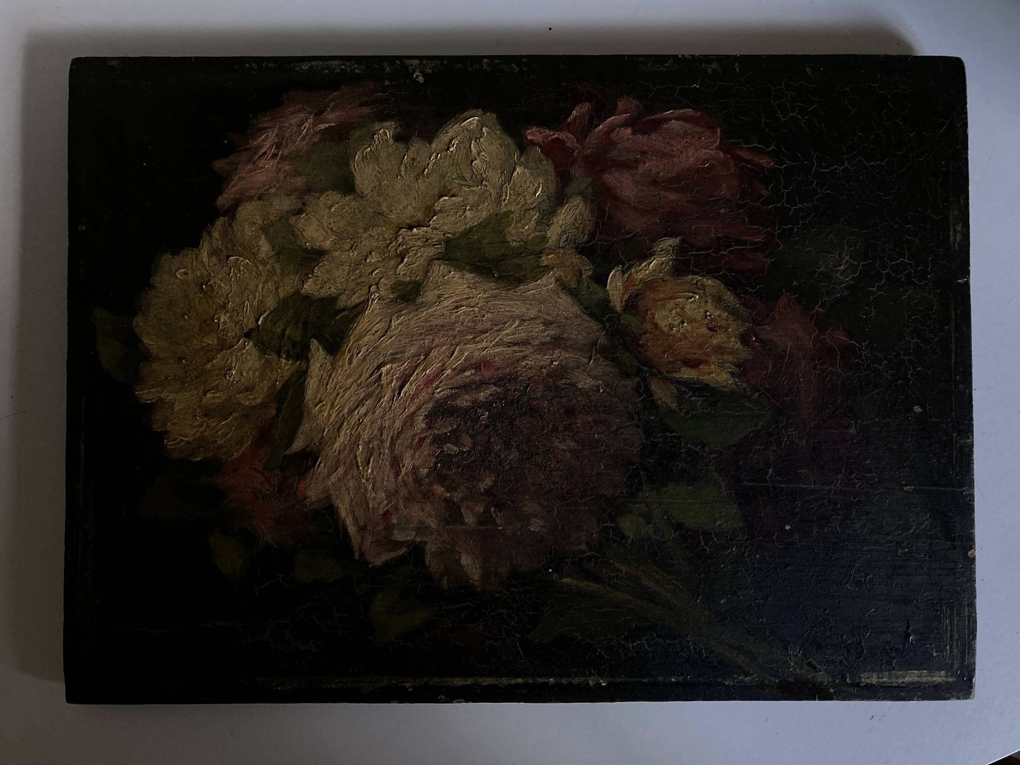 Painting of 19 roses from the garden, oil on wood.
