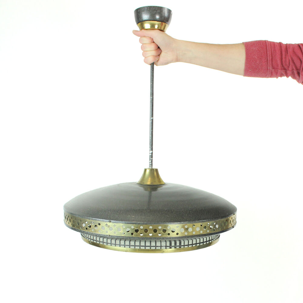 Midcentury ceiling light in black metal & brass, Czechoslovakia 1970s
