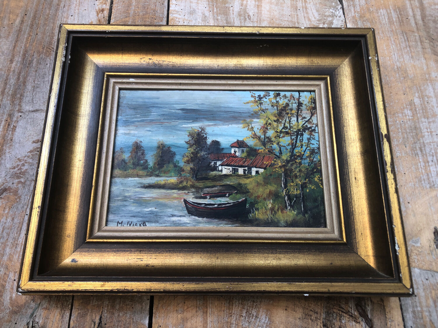 Oil painting on panel M. NIAVEL View house by river + gilded frame #A214