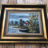 Tableau Huile Sur Panneau M. NIAVEL Vue Maison Bord Rivière + Cadre Doré #A214