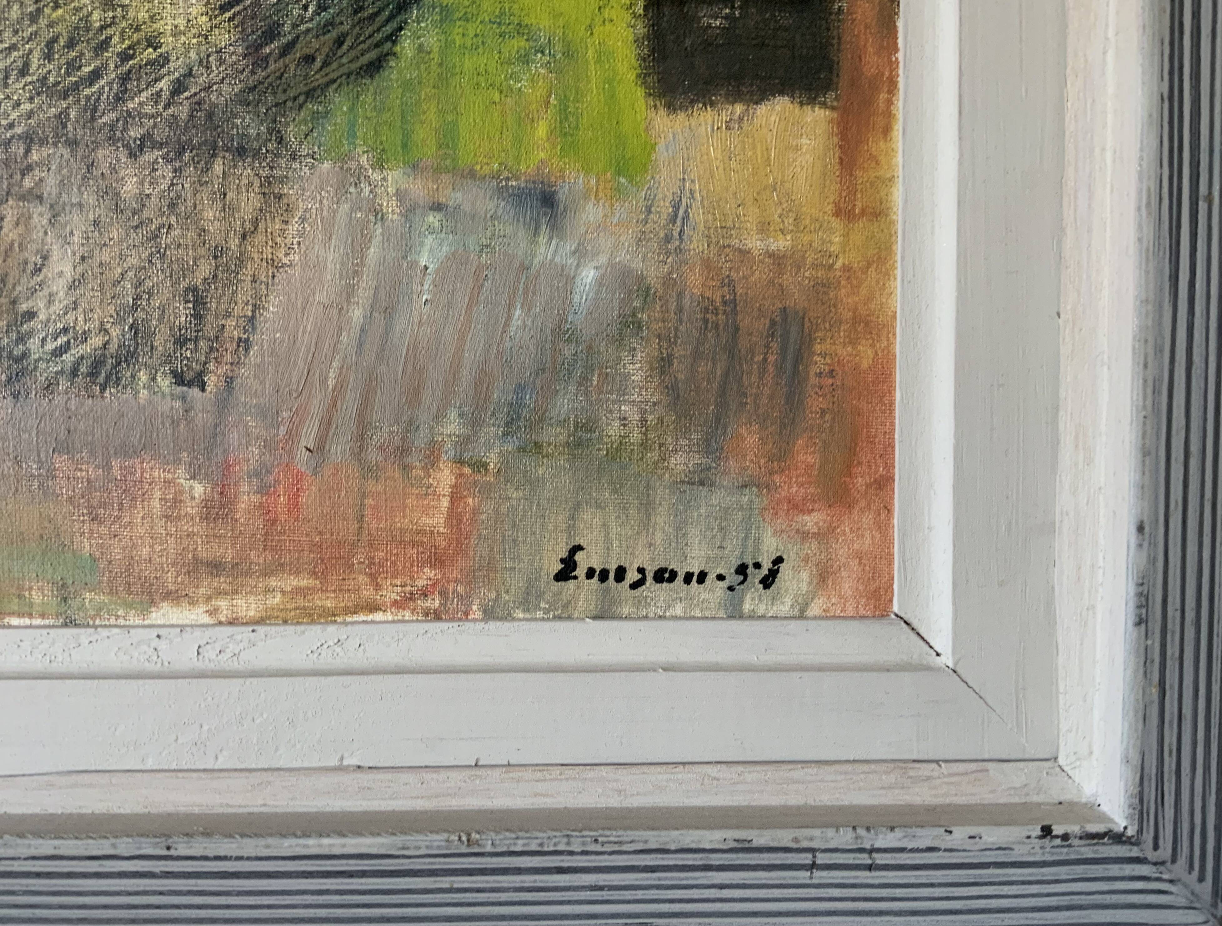 Vintage Oil Painting Fishing Village Scene 1950s