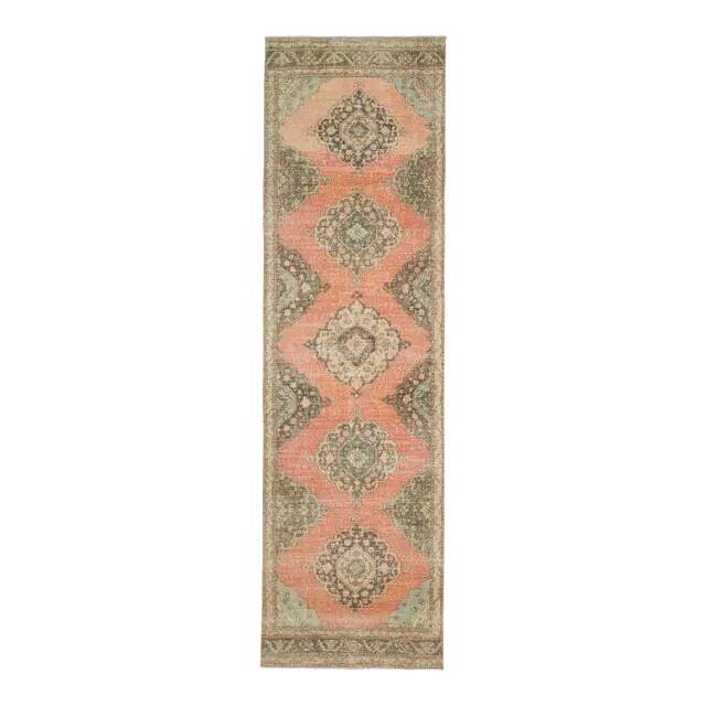 Tapis couloir vintage turc Oushak fait main en laine et coton orange des années 1970 112x402