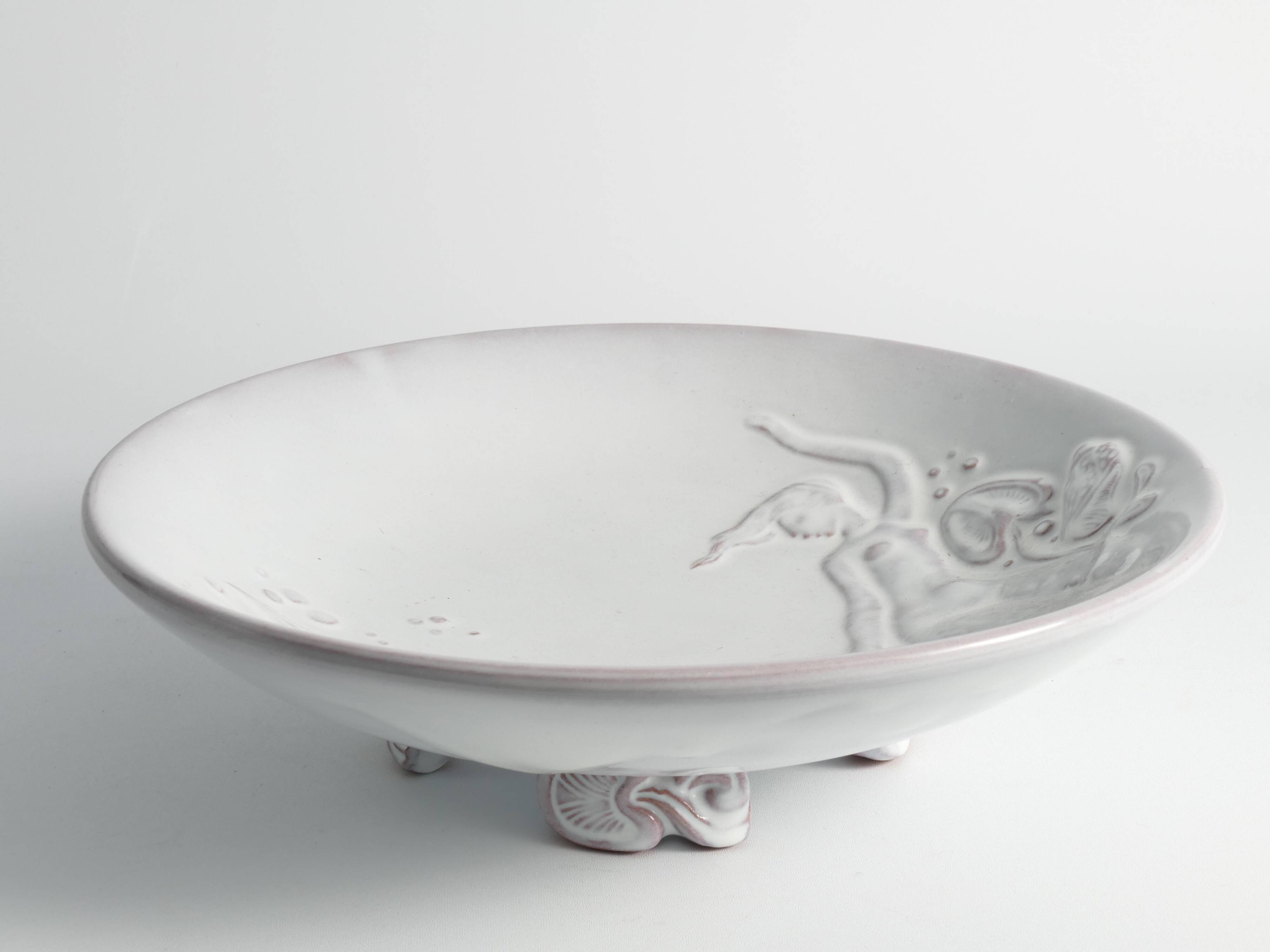 Art Deco White Earthenware Mermaid Bowl "300" by Mari Simmulson for Upsala-Ekeby