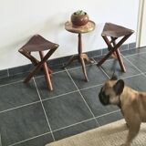 Set of teak and leather tripod stools