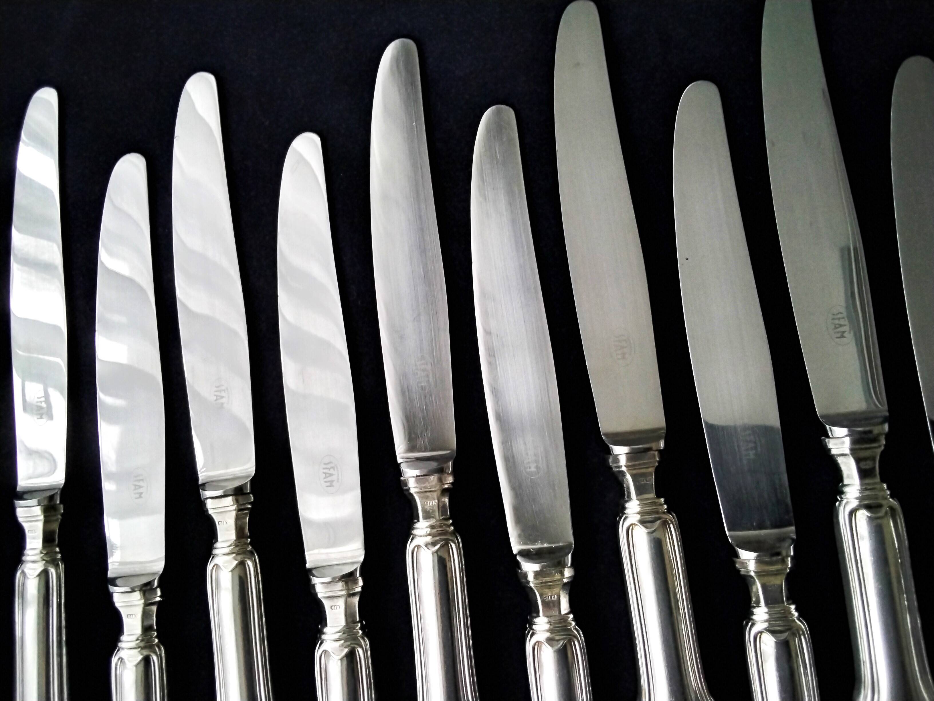 Box of 12 silver metal table knives SFAM Model Filet