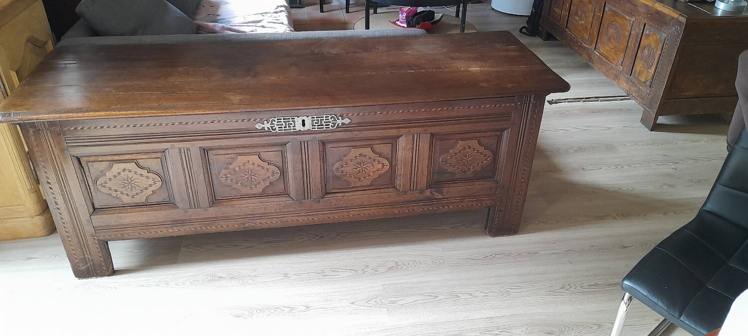 Old marquetry and solid wood chest