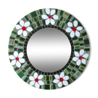 Round mirror with mosaic frame, flowers, 70's - 28x28cm