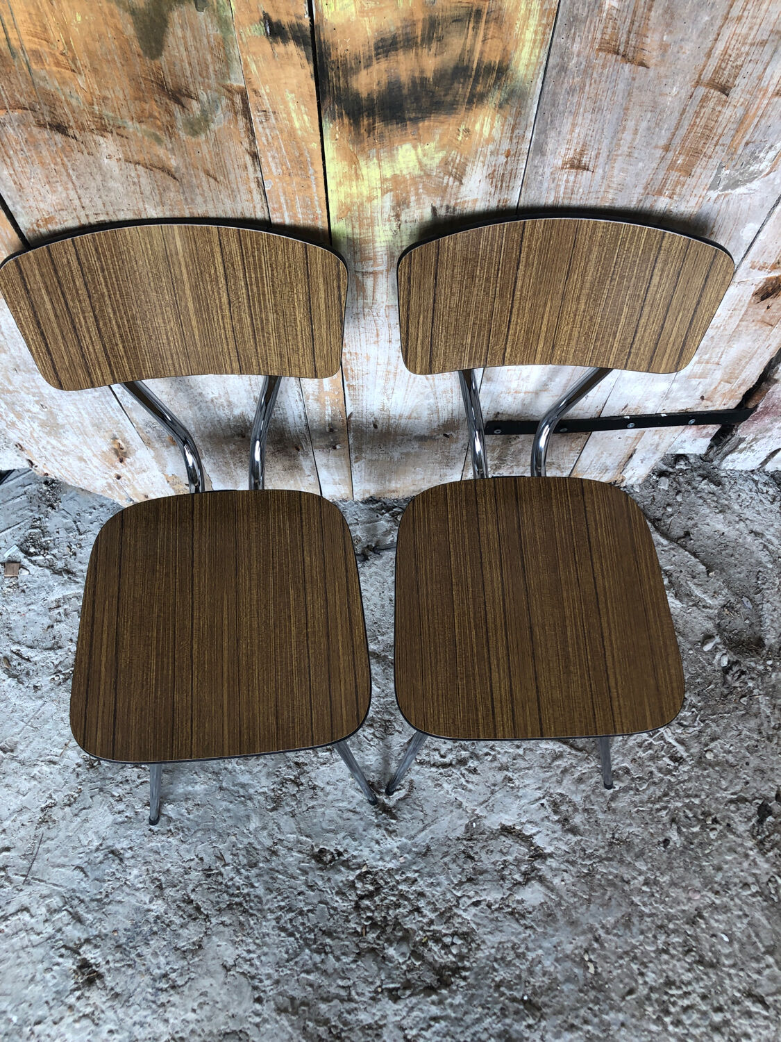 Pair of tublac chairs compass legs chrome metal formica wood vintage #a241