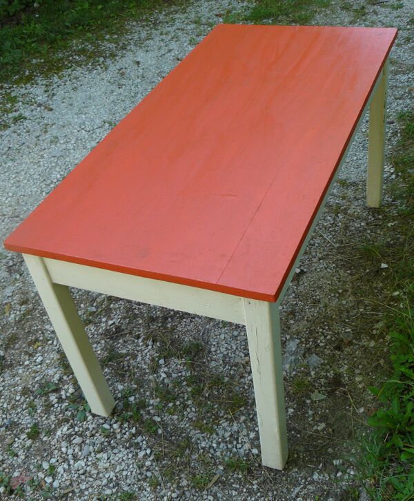 Table de cuisine vintage 1950 bois peint orange et blanc