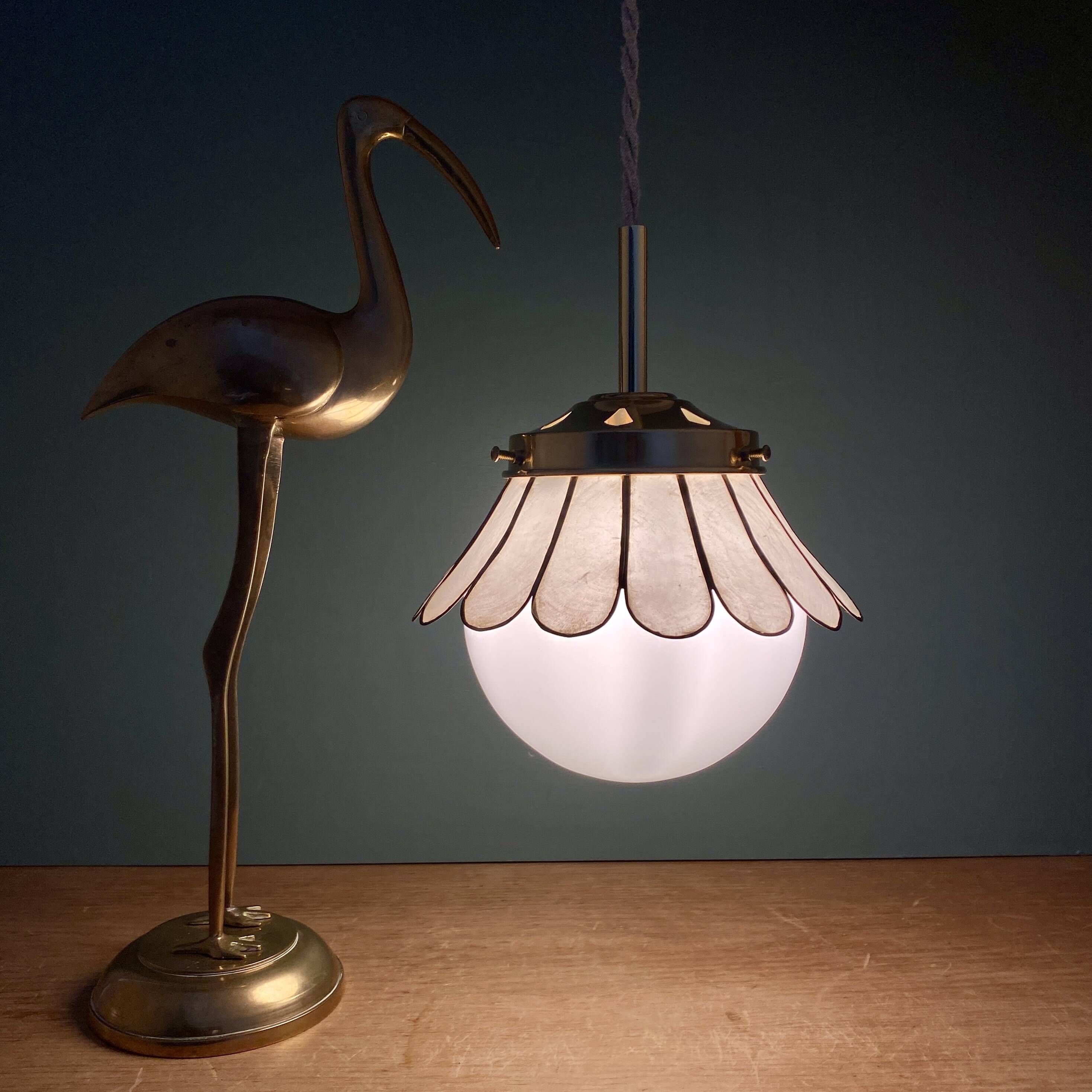 Globe pendant light and vintage lampshade in opaline and mother-of-pearl