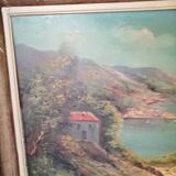 Tableau huile sur toile représentant un bord de mer et ses bateaux