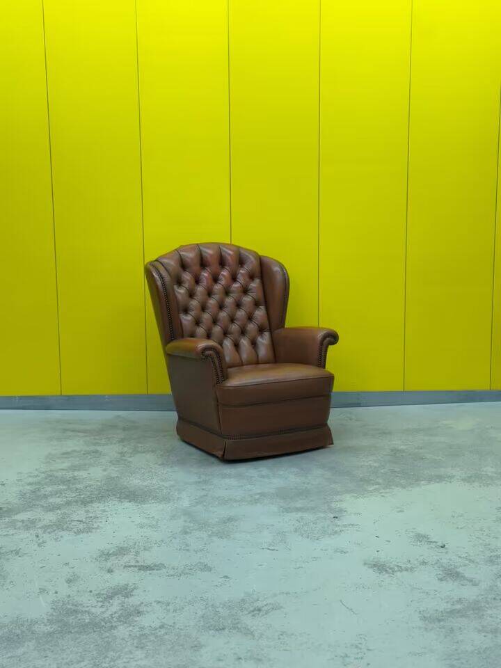 Original English Chesterfield Wingback Chair - Vintage Cognac Leather