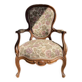 Antique Louis XV cabriolet armchair - carved wood - floral fabric