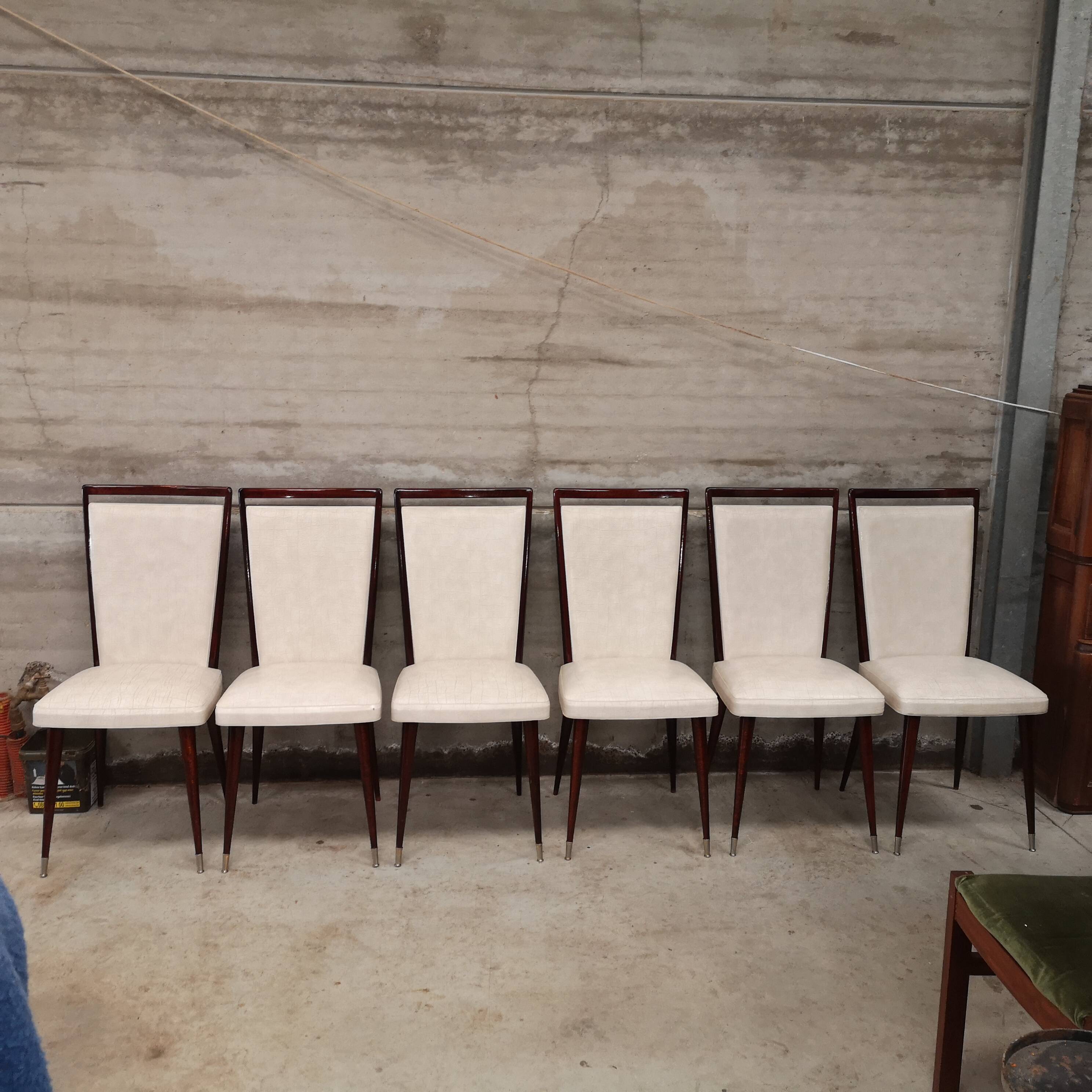 6 white leatherette and mahogany art deco style chairs, 1950