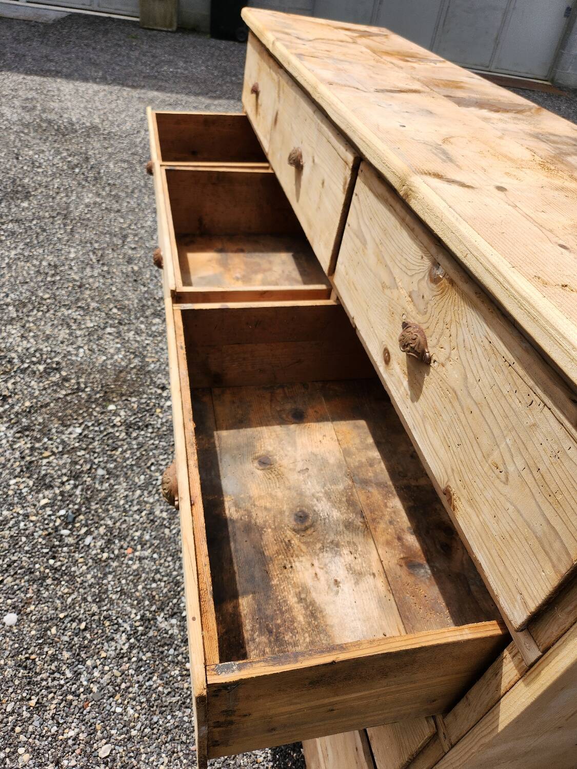 Antique fir wood workshop cabinet with drawers